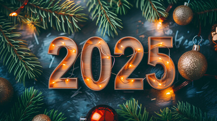 Photo with wooden numbers 2025 surrounded with Christmas tree branches, glass balls and lights garland. Happy New Year 2025