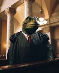 dinosaur man with stylish clothes, in court,
