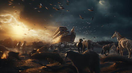 Noah's Ark, animals from the ark, during the flood. - obrazy, fototapety, plakaty
