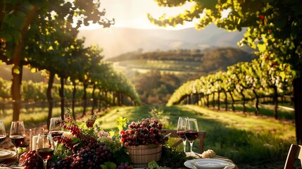 A picturesque vineyard scene with rows of grapevines and a table set for wine tasting