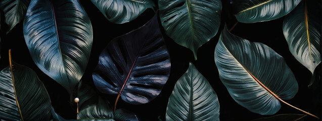 Textures of abstract pearl leaves for a captivating flat lay. Dark nature concept, tropical leaf.
