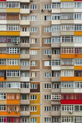 Fototapeta na wymiar Apartment building with a patterned facade of orange, red, and white panels and numerous balconies