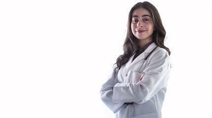 Portrait of a female Muslim doctor wearing a white coat, arms crossed, standing against a brown background and smiling. The concept of medicine, care, health.
