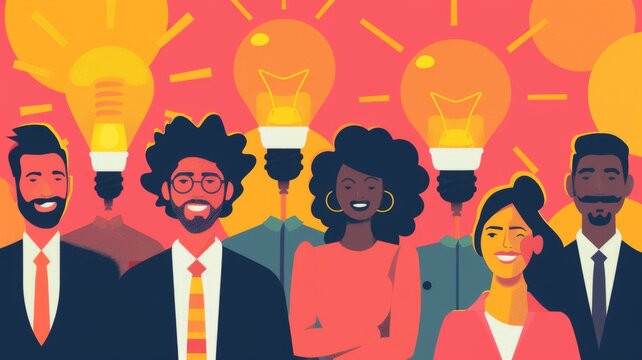 Creative team with light bulb heads - Illustration of a creative team with light bulbs for heads symbolizing ideas