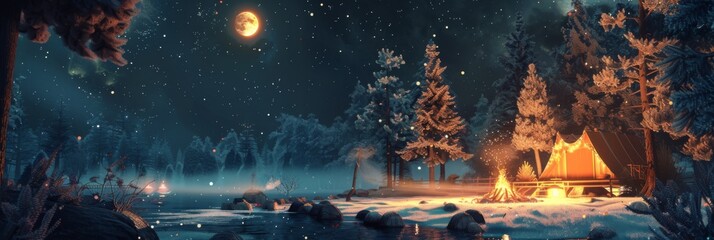 Illuminated winter campsite in woods - A serene, wintry scene with a glowing tent and campfire in a snowy forest, under a mystical moonlit sky offering feelings of solitude and peace