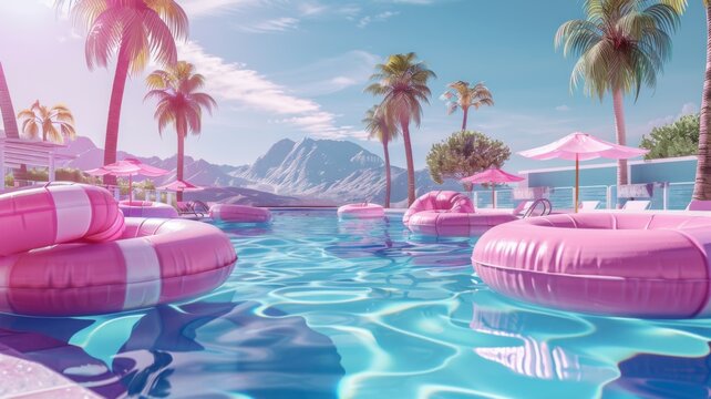 Luxurious Pool View with Mountain Backdrop - This 3D illustration offers a peaceful pool view with pink inflatables and majestic mountains in the distance