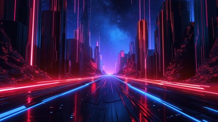 A digital illustration of a futuristic corridor bathed in vibrant neon lights, with a perspective...