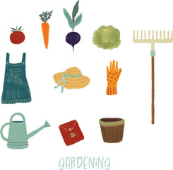 Colorful gardening tools elements illustration hand painted with gouches isolated on white background