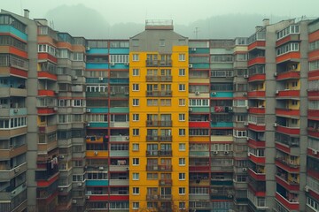 A colorful apartment complex with a prominent yellow section amidst a foggy, mountainous backdrop