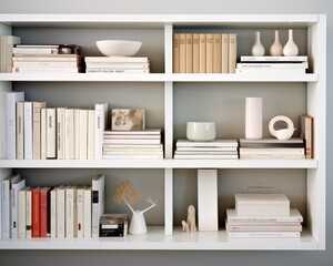 The meticulous care taken to arrange books by genre and author on shelvesStudio shot luxurious design elegant simplicity