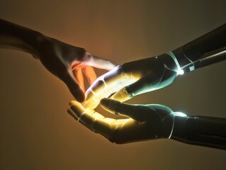 Three hands human robot and humanoid united under backlight a beacon of unity in a divided world