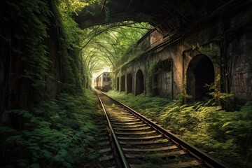 Fototapeta na wymiar abandoned railway with wild greenery