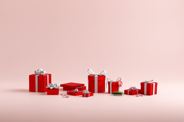 Christmas gifts and presents on red background