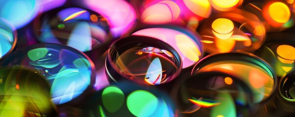 Macro shot highlighting the anti reflective coating on lens elements with colorful light showcasing its effectiveness