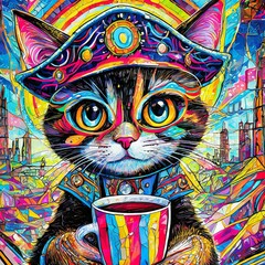 Cute kittens and cats drinking or holding coffee and saying Good morning or Good night