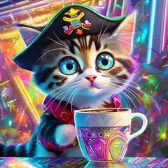 Cute kittens and cats drinking or holding coffee and saying Good morning or Good night