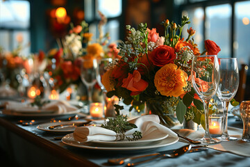 Reception Decor: Table setting served and decorated for wedding banquet - obrazy, fototapety, plakaty