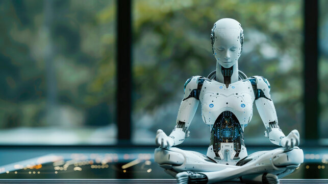 Capture the stillness of a robot in a meditative pose,