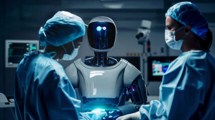 Doctor bot AI Assisting the surgeons in an operating room - obrazy, fototapety, plakaty