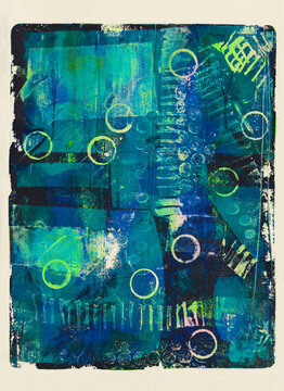 Blue and green gel printed acrylic abstract with circle detail
