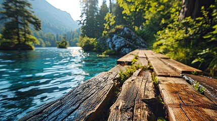 Empty wooden table top with a smooth, wooden deck that overlooks summer lakes and green forests - obrazy, fototapety, plakaty