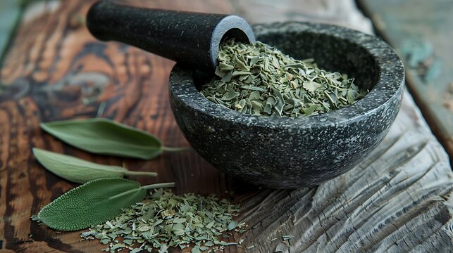 A mortar and pestle with dried sage leaves