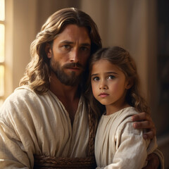Jesus hugs a little girl. God's support and love. Square