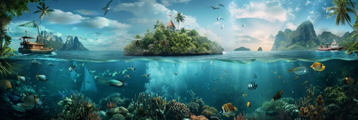 Tropical island cross-section above and below water - Panoramic view of a tropical island above and underwater with fauna and flora and boats, evoking adventure and harmony with nature