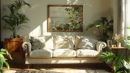 A living room with a vintage soft cream-colored sofa, surrounded by plants, and a framed landscape painting on the wall. The sunlight shines through the window