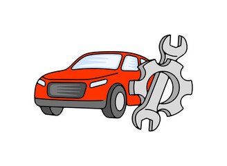 Auto repair shop, car, wrench and gear. Automobile, automotive, mechanic, transport and transportation, illustration