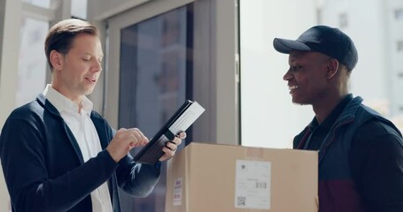 African courier, tablet and signature with customer, service and ecommerce with package or cargo. Businessman, delivery man and shipping for technology, box and supply chain for online import or shop