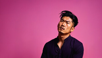 Fototapeta premium photo of asian man as a mafia gang member standing against pink background, generative AI