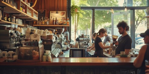 The hustle of a busy coffee shop with patrons enjoying their drinks and baristas crafting coffee, creating a lively community space. Resplendent. - obrazy, fototapety, plakaty