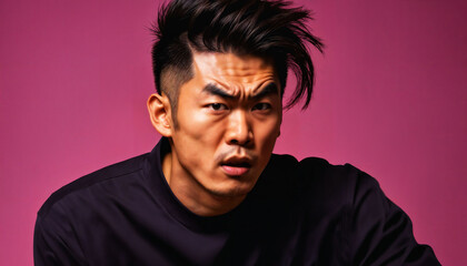 Obraz premium photo of asian man as a mafia gang member standing against pink background, generative AI