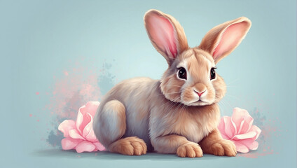 Small cute rabbit and pink flowers on blue background. Soft pastel illustration