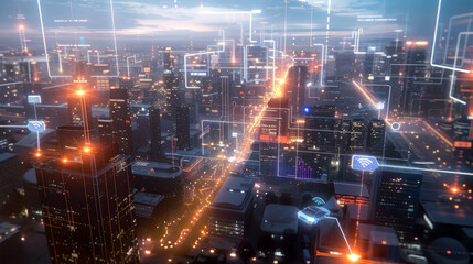 Fototapeta na wymiar An illuminated smart city at dusk showcasing an intricate network of IoT devices and 5G towers enhancing urban connectivity.