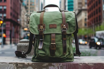 A green backpack with a brown strap sits on a ledge in a city - obrazy, fototapety, plakaty