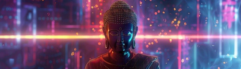 Digital matrix illuminating a Buddha in meditation a visual metaphor for the convergence of technology and spirituality