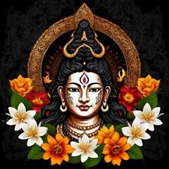 Obraz premium Maha shivratri illustration of trishul damru and flowers with black background shivratri post