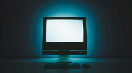 Vintage desktop with CRT monitor illuminated in a white minimalist display spotlight on legacy tech