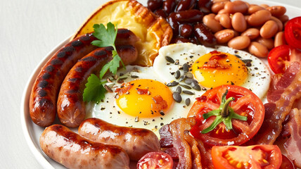 A classic breakfast plate, with sunny-side-up eggs, bacon, sausages, beans