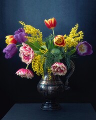 Bouquet of spring flowers on a black background