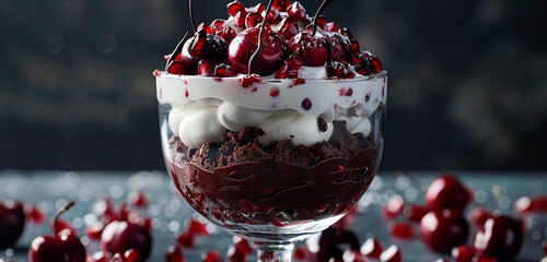 A glistening, cherry-red pomegranate and chocolate trifle, with layers of dark chocolate cake and whipped cream, for a visually layered and indulgent dessert