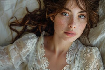 Beautiful freckled woman in white lace looking up with a dreamy expression indoors