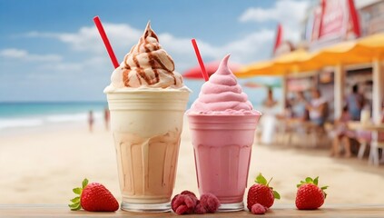 Uma sorveteria grande com diversos sorvete e milkshake e refrigerante, na praia 8k - obrazy, fototapety, plakaty