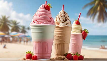 Uma sorveteria grande com diversos sorvete e milkshake e refrigerante, na praia 8k