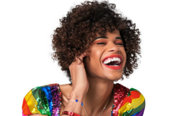 Portrait shot of Young joyful Gay man with colorful lgbt dress isolated on transparent background, Gay transgender smile and posing with trendy lifestyle.