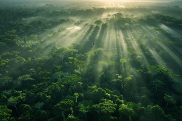 A breathtaking vista of a lush, green forest canopy from above, with rays of sunlight piercing through the mist at dawn, symbolizing the natural beauty and resilience of our planet on Earth Day. - obrazy, fototapety, plakaty