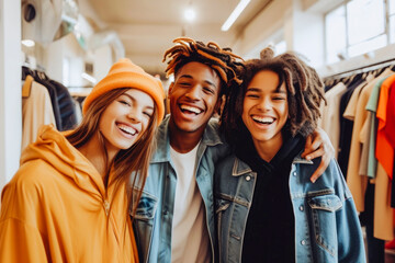 Happy young multiracial friends shopping together at clothing store