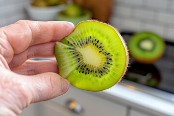 A hand carefully holding a vibrant kiwi slice, its intricate pattern and bright green hue sharply contrasted